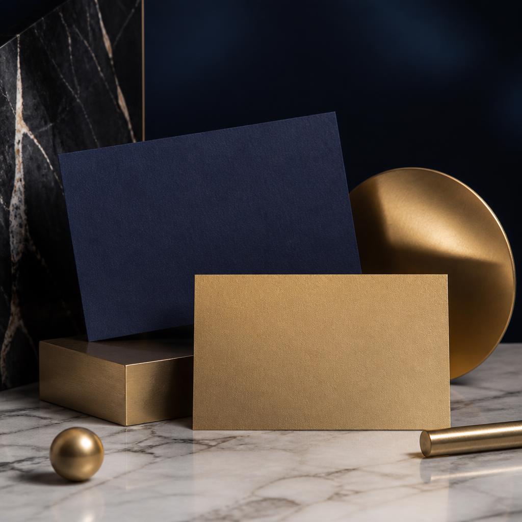 Premium branding concept with navy and gold cards on a marble surface representing brand identity design