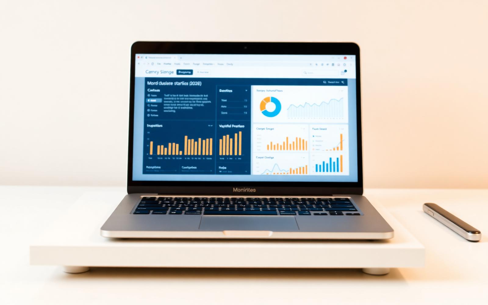 WordPress website development dashboard on a laptop with analytics charts